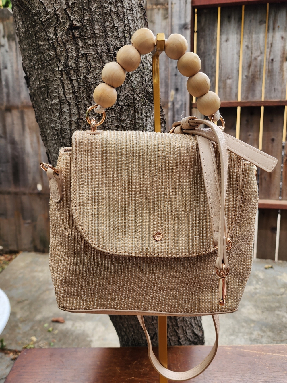 LC Lauren Conrad Straw Crossbody Bag Wooden Bead Top Handle Natural Jute Tan
